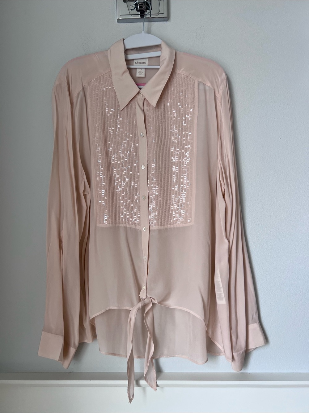 Chico's Pale Blush Sequin Button-Down Tie-Front Shirt